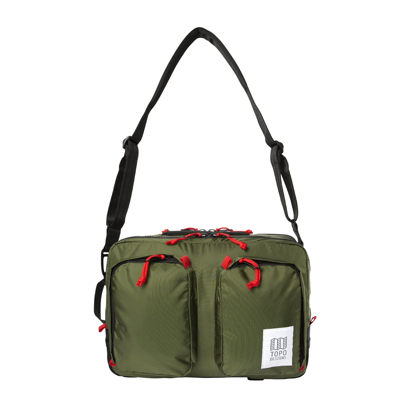 General full front product shot of the global briefcase in olive showing the shoulder strap.