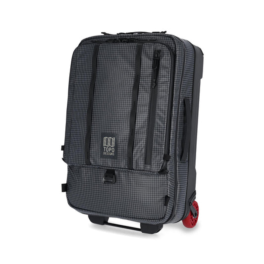 Front View of Topo Designs Apex Travel Roller Bag in "Black Grid"