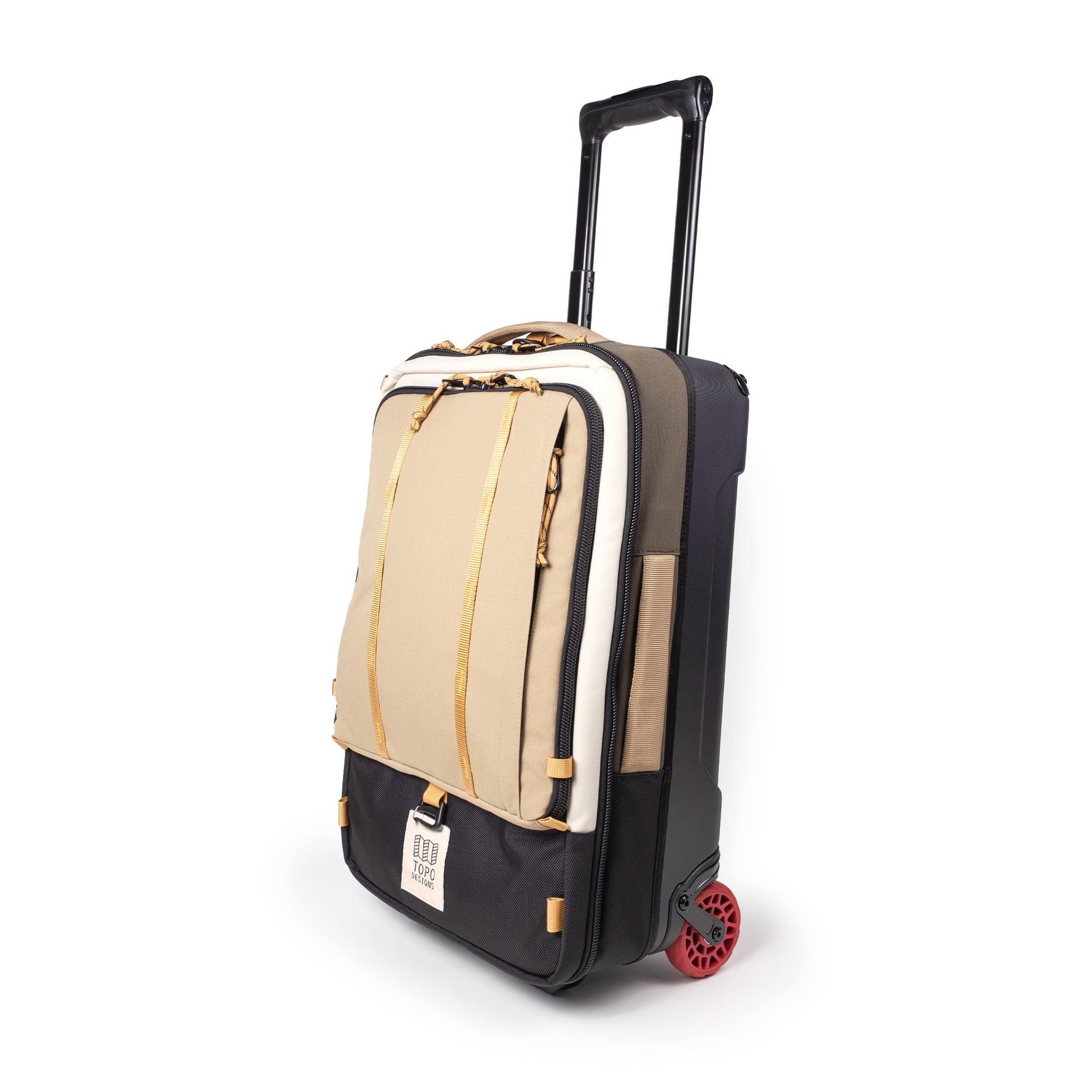 Image of telescoping collapsible handle on Topo Designs Global Travel Bag Roller durable carry-on convertible laptop backpack rolling suitcase in "Elmwood / Woodland".