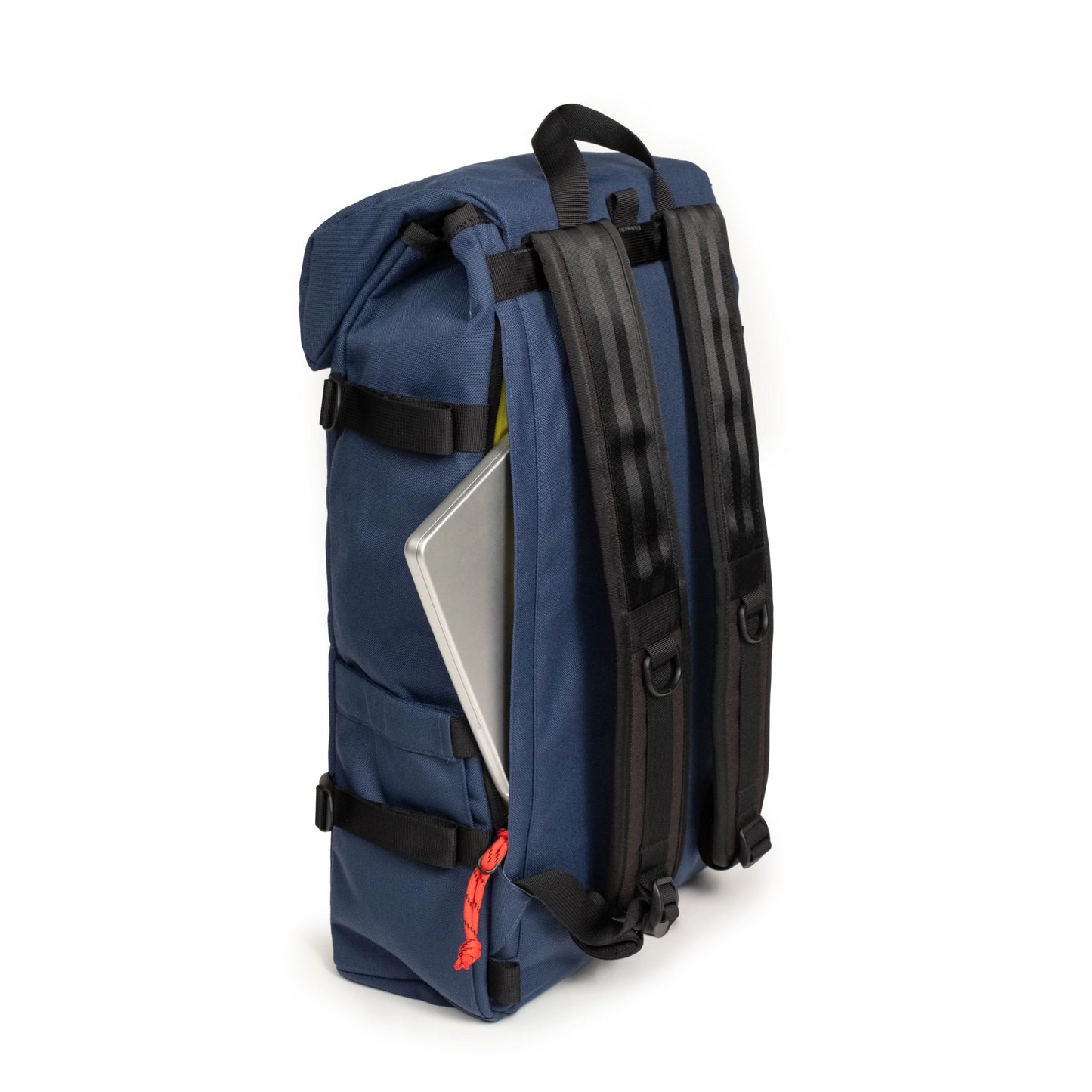 General quarter view of laptop sleeve on the Topo Designs Klettersack Classic vintage-inspired rucksack backpack in "Midnight".