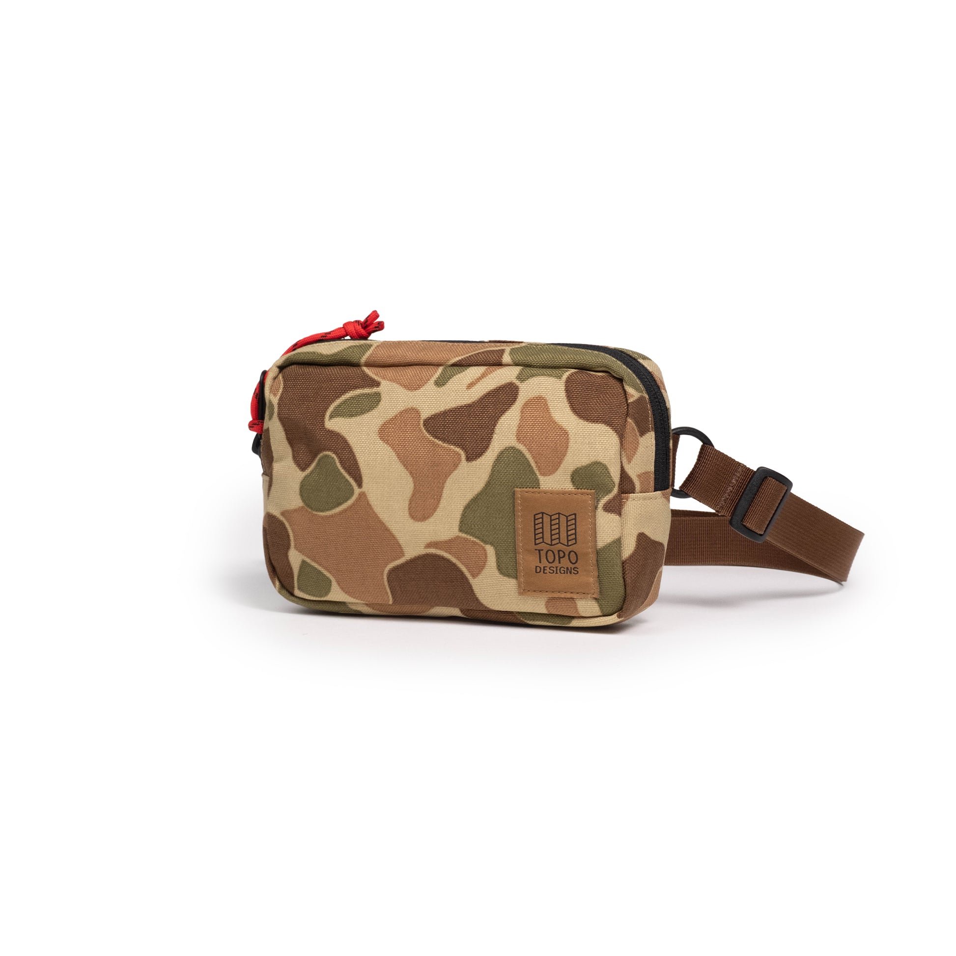 Quarter View of Topo Designs Belt Bag in "Duck Camo"