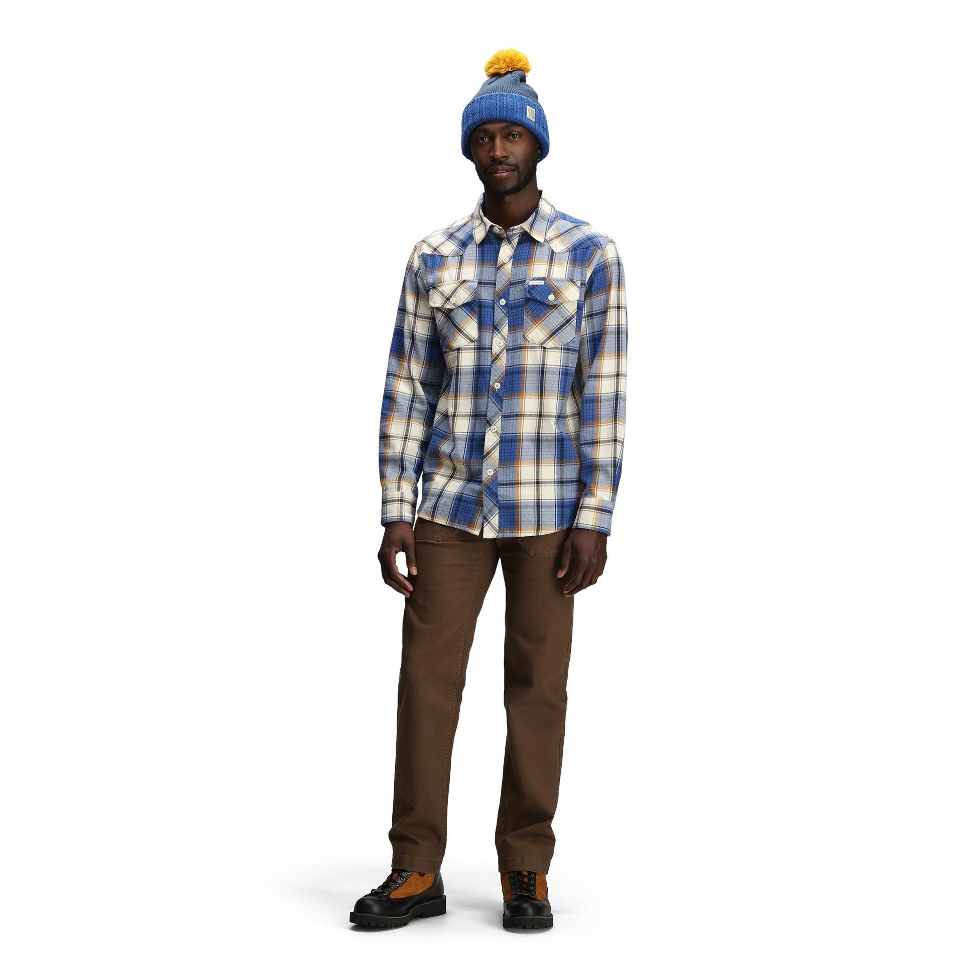 General Front model shot of Topo Designs Mountain Shirt Long Sleeve - Men's in "Midnight / Cobalt Multi"