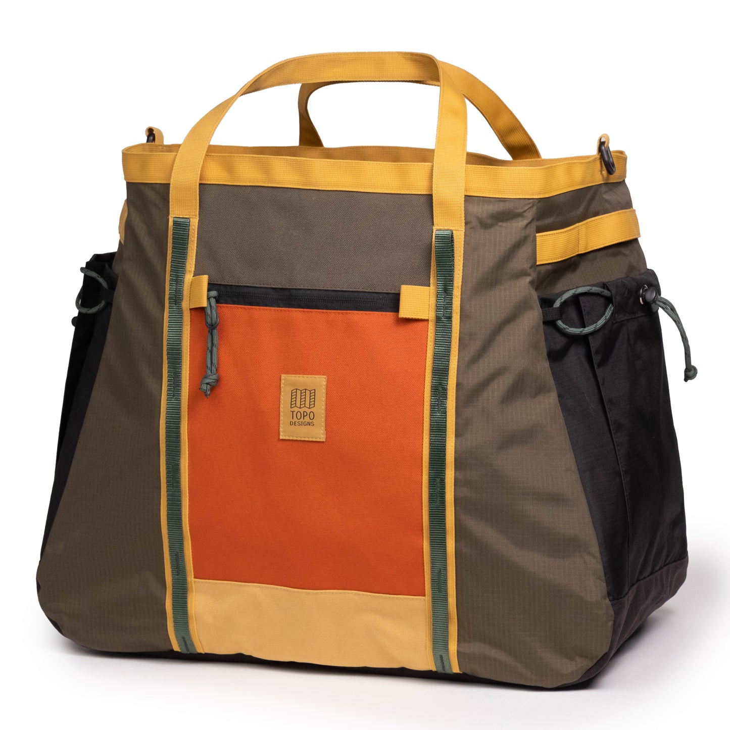 Quarter View of Topo Designs Mountain Gear Bag in "Woodland / Terracotta"