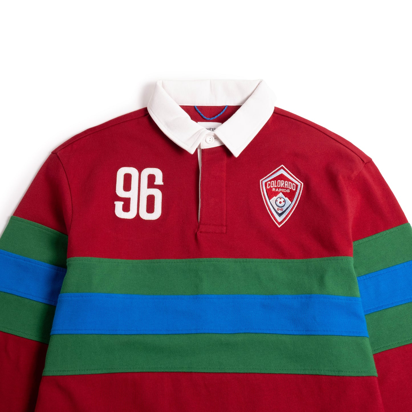 Front detail view of Topo Designs x Colorado Rapids Mountain Rugby Shirt in "Rio Red"