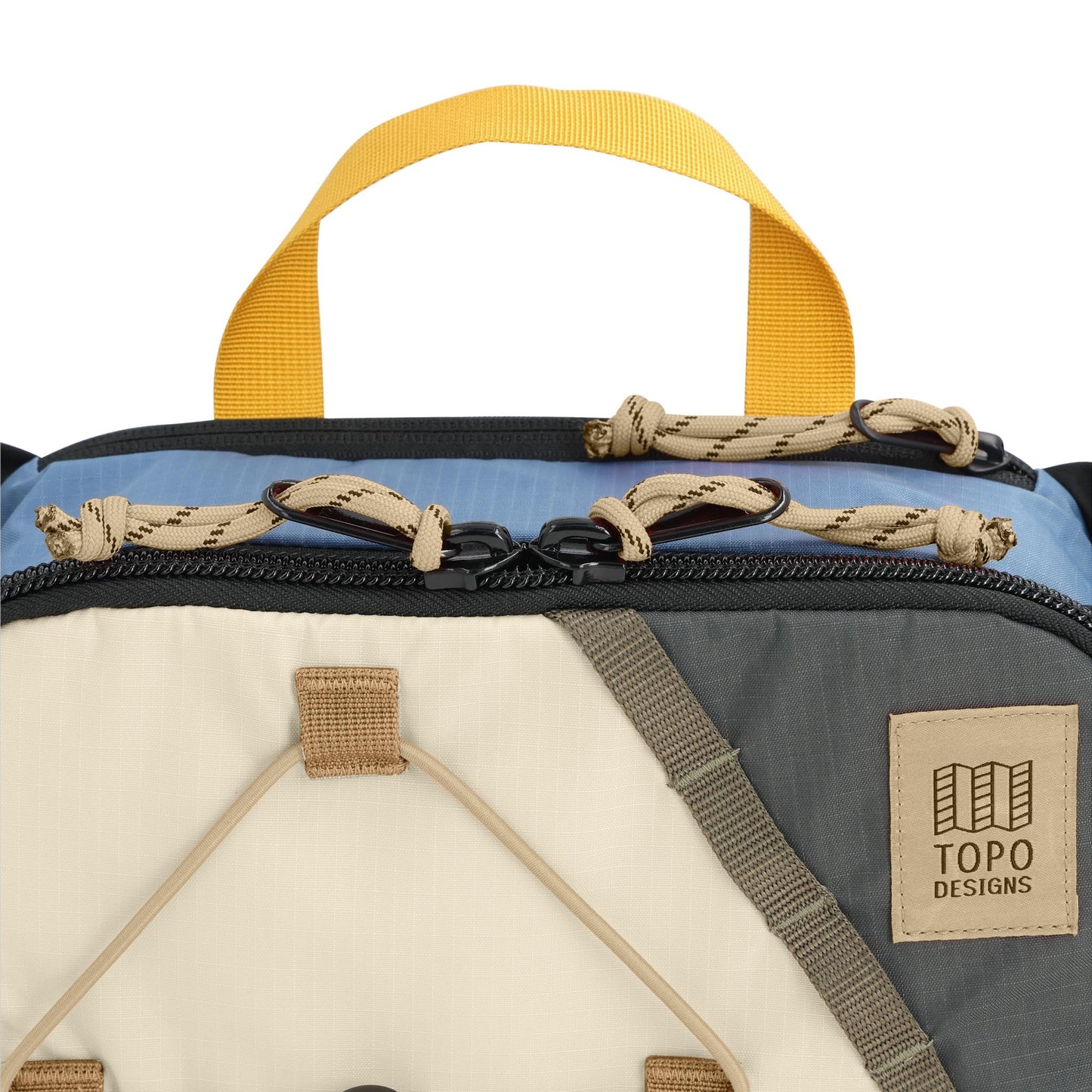 General Detail shot of Topo Designs Mountain Hydro Hip Pack in "Stone Blue / Bone White"