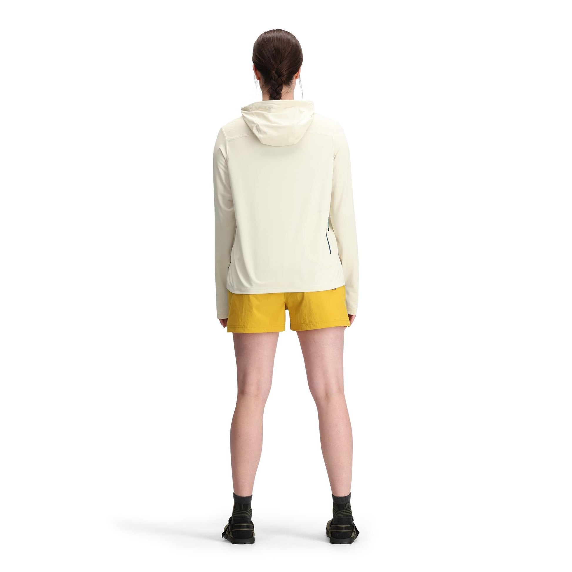 Back model shot of Topo Designs Sun Hoodie - Women's in "Bone White"